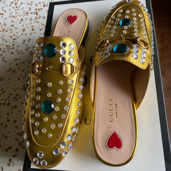 Gucci Shoes - Gold Gucci Napa Crystal Mules